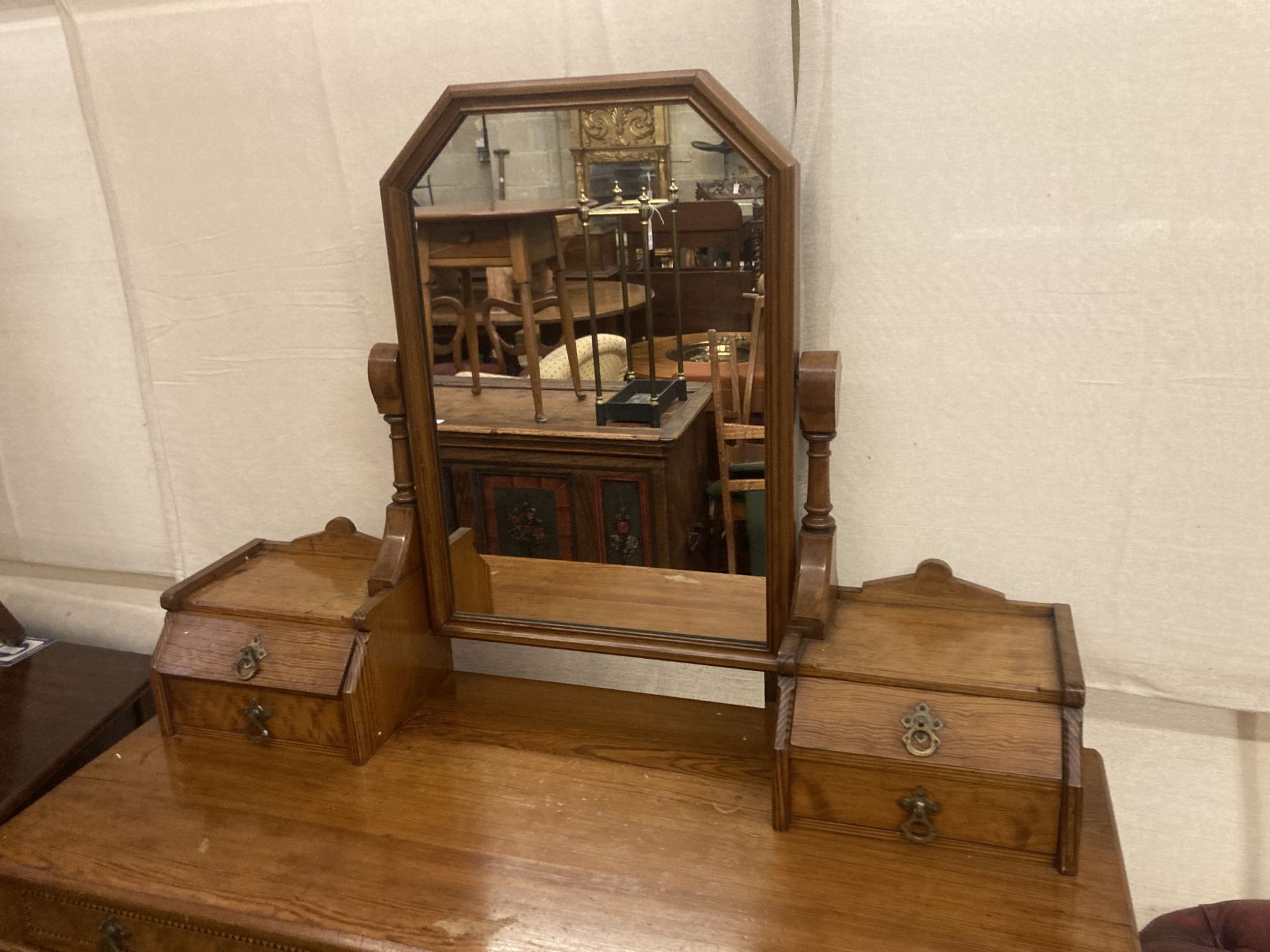 A Victorian Aesthetic movement pitch pine dressing table, width 122cm depth 52cm height 160cm